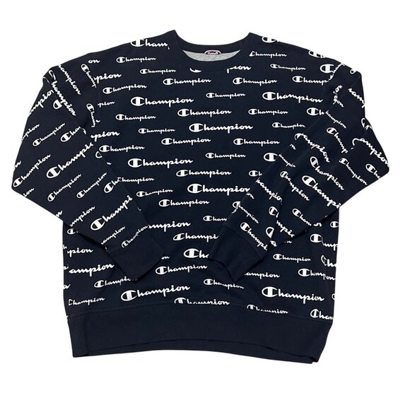 Champion Navy Blue All Over Logo Print Sweatshirt XL 54% Cotton 46% Polyester - Picture 1 of 5